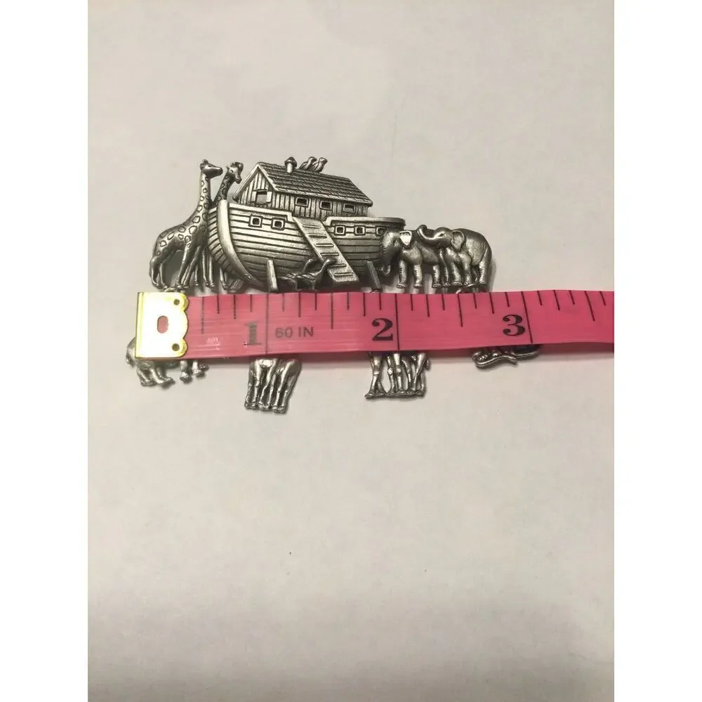 Vtg JJ Noah’s ark brooch pin silver 80s dangle charm lion camel‎ bible Christian